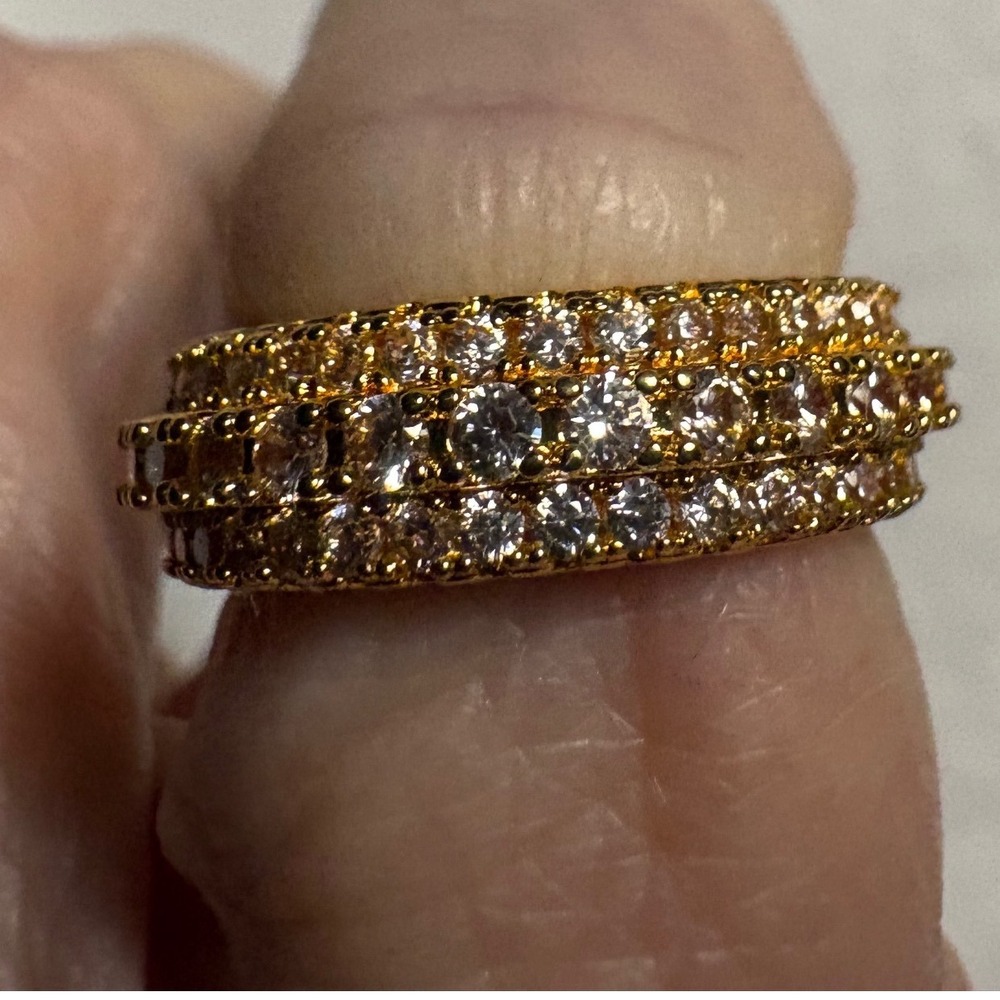 Gold Tone Triple Row Cubic Zirconia Eternity Band Ring Size 6 Statement Jewelry